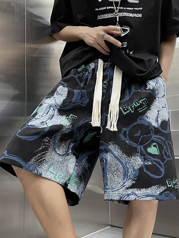 Men's Irregular Cartoon Bear Print Drawstring Shorts-3