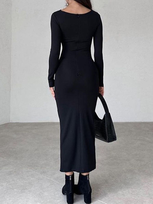 Solid Ruched Long Sleeve Maxi Dress-2