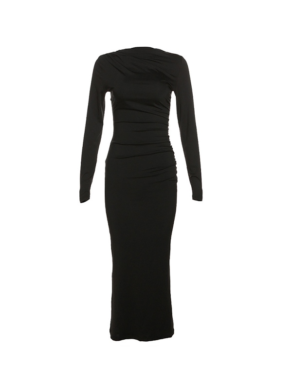 Solid Ruched Long Sleeve Maxi Dress-6