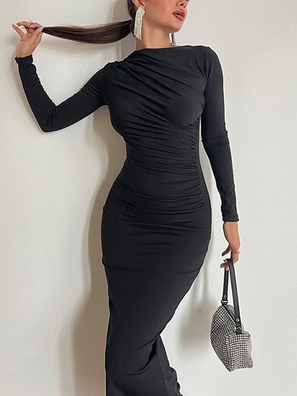 Solid Ruched Long Sleeve Maxi Dress-3